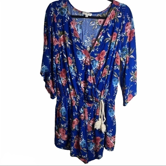 Umgee Blue Floral Romper Tassels Size Medium - Picture 1 of 6